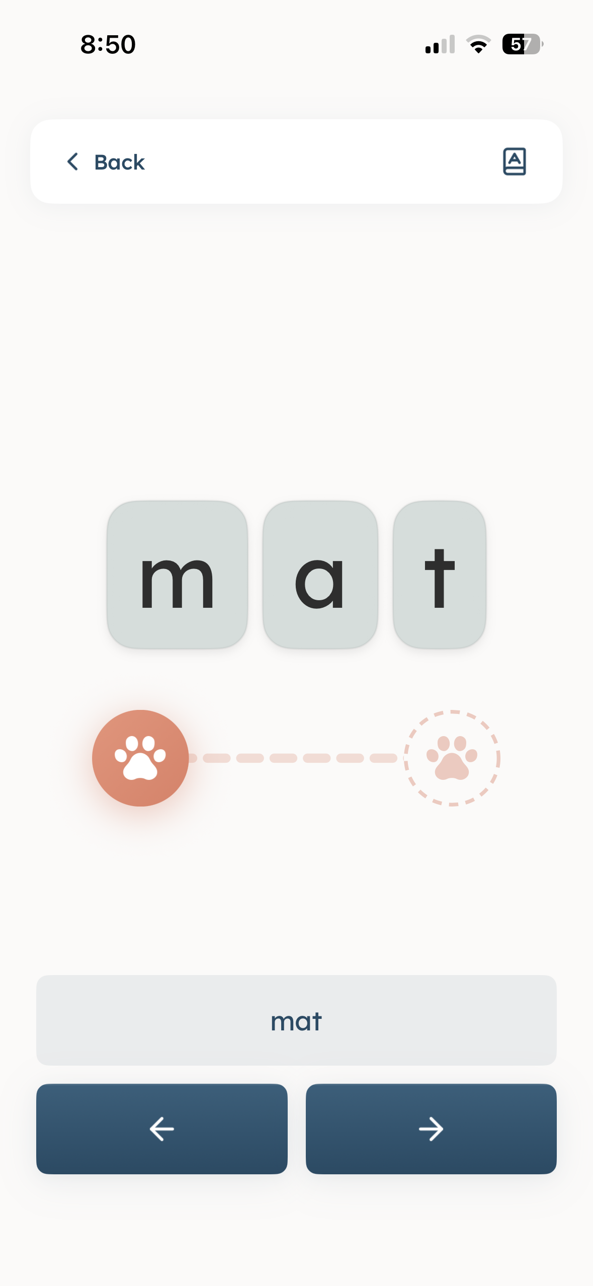Phonics Bear app showing the sounds m, a, and t blending into the word mat