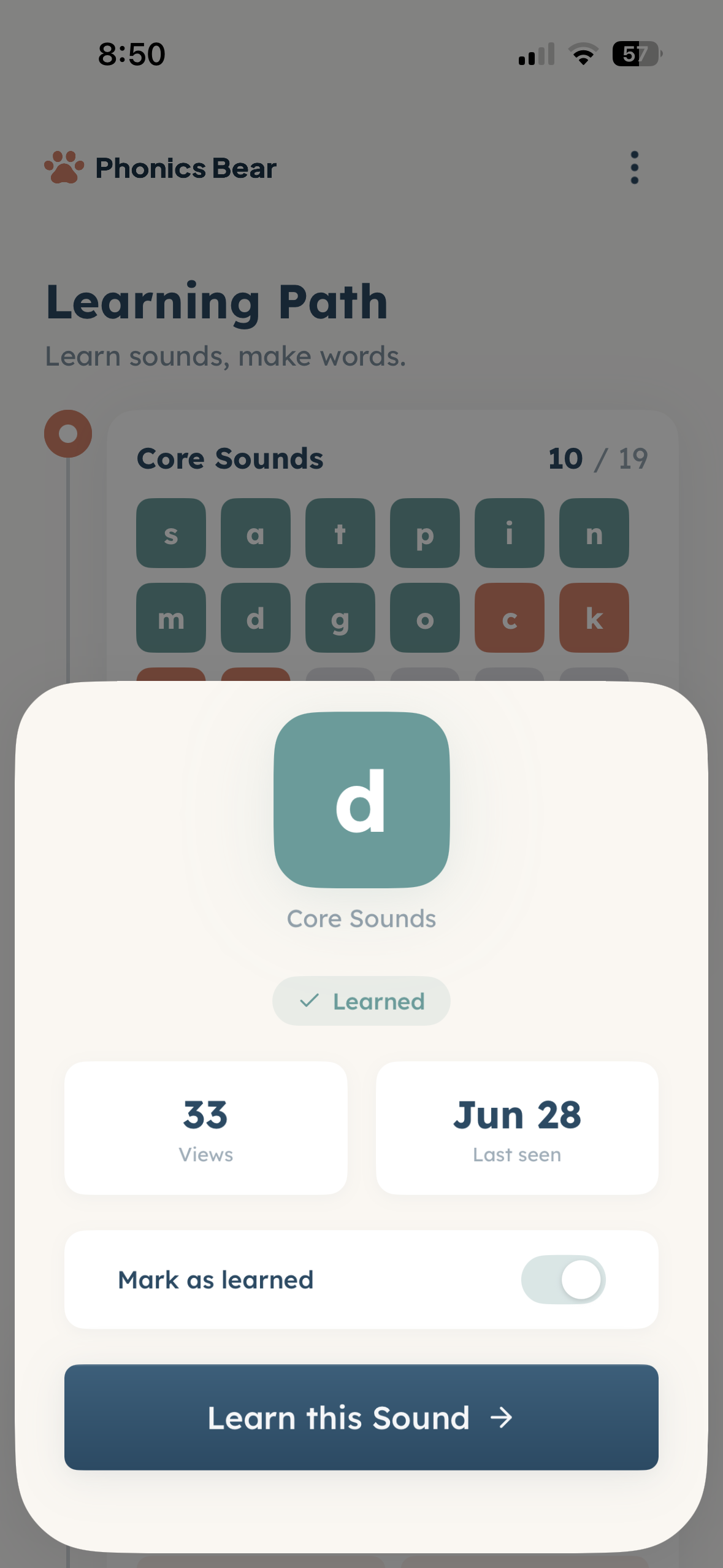 Phonics Bear progress view showing a learned letter sound