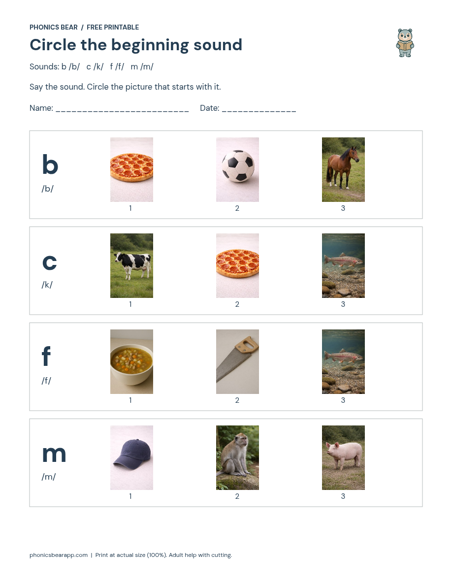Sample beginning sounds worksheet with four rows of picture choices.
